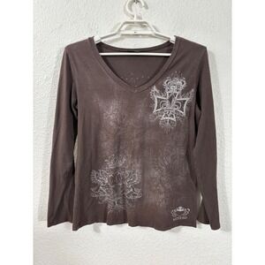 Katydid Graphic Tee Women Medium Brown Y2K Rhinestone Fleur De Lis Top Goth